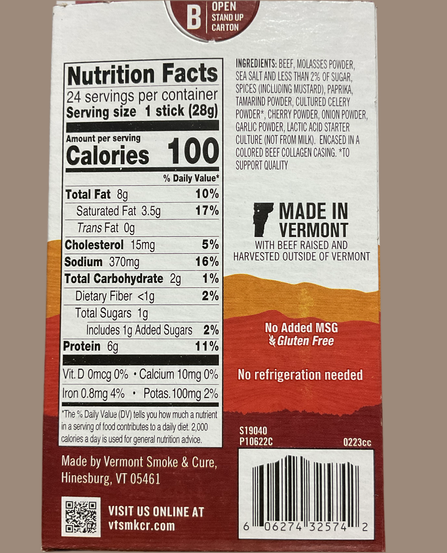 Vermont Smoke and Cure Beef/Pork Sticks